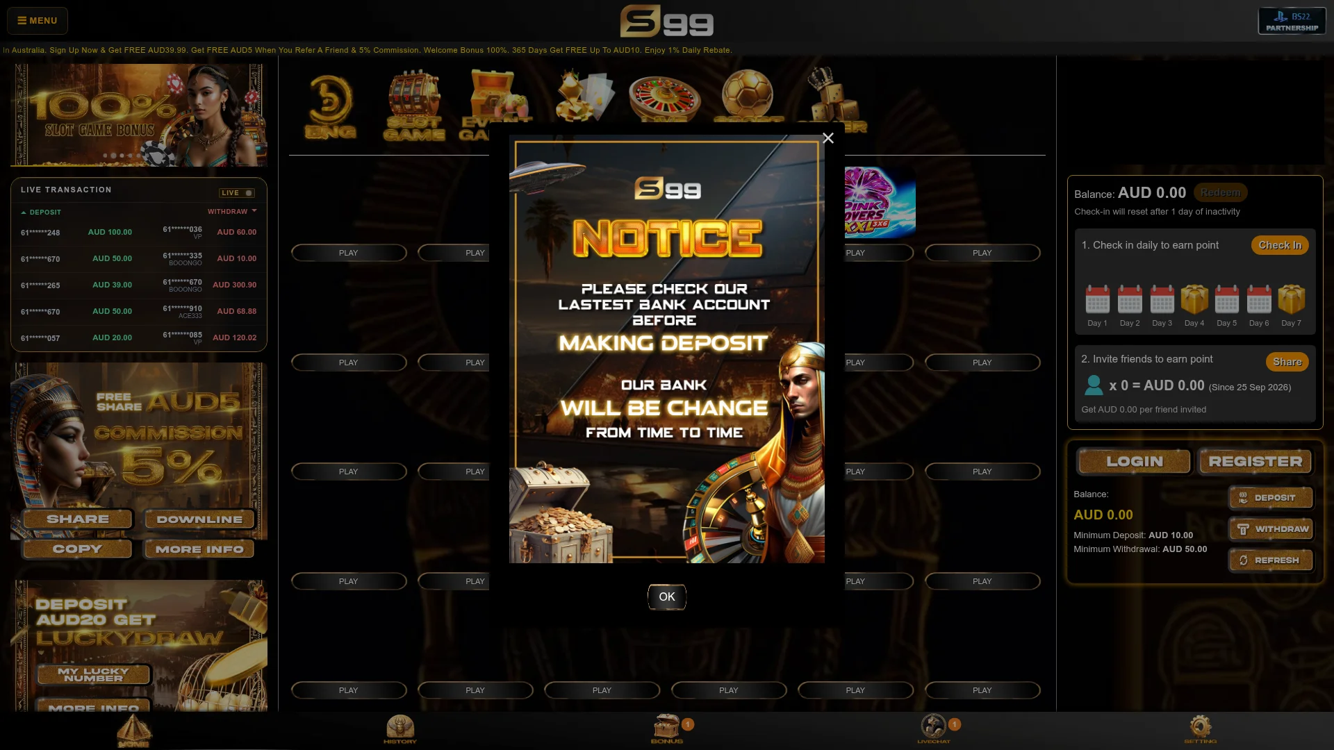 S99 Casino desktop platform interface